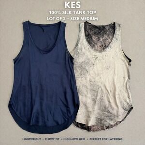 KES Women Med 100% Silk Tank Lot 2 Sleeveless Blouse Navy Abstract Minimalist